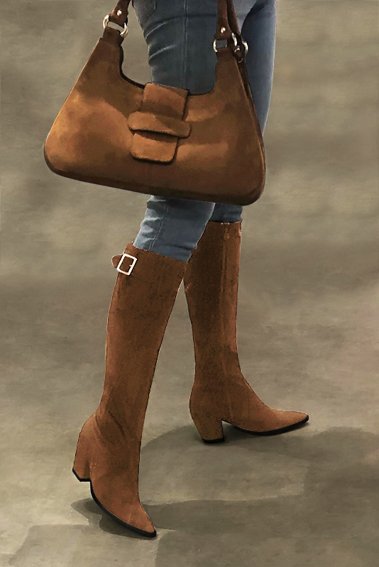 Caramel brown women's knee-high boots with buckles. Tapered toe. High cone heels. Made to measure. Worn view - Florence KOOIJMAN